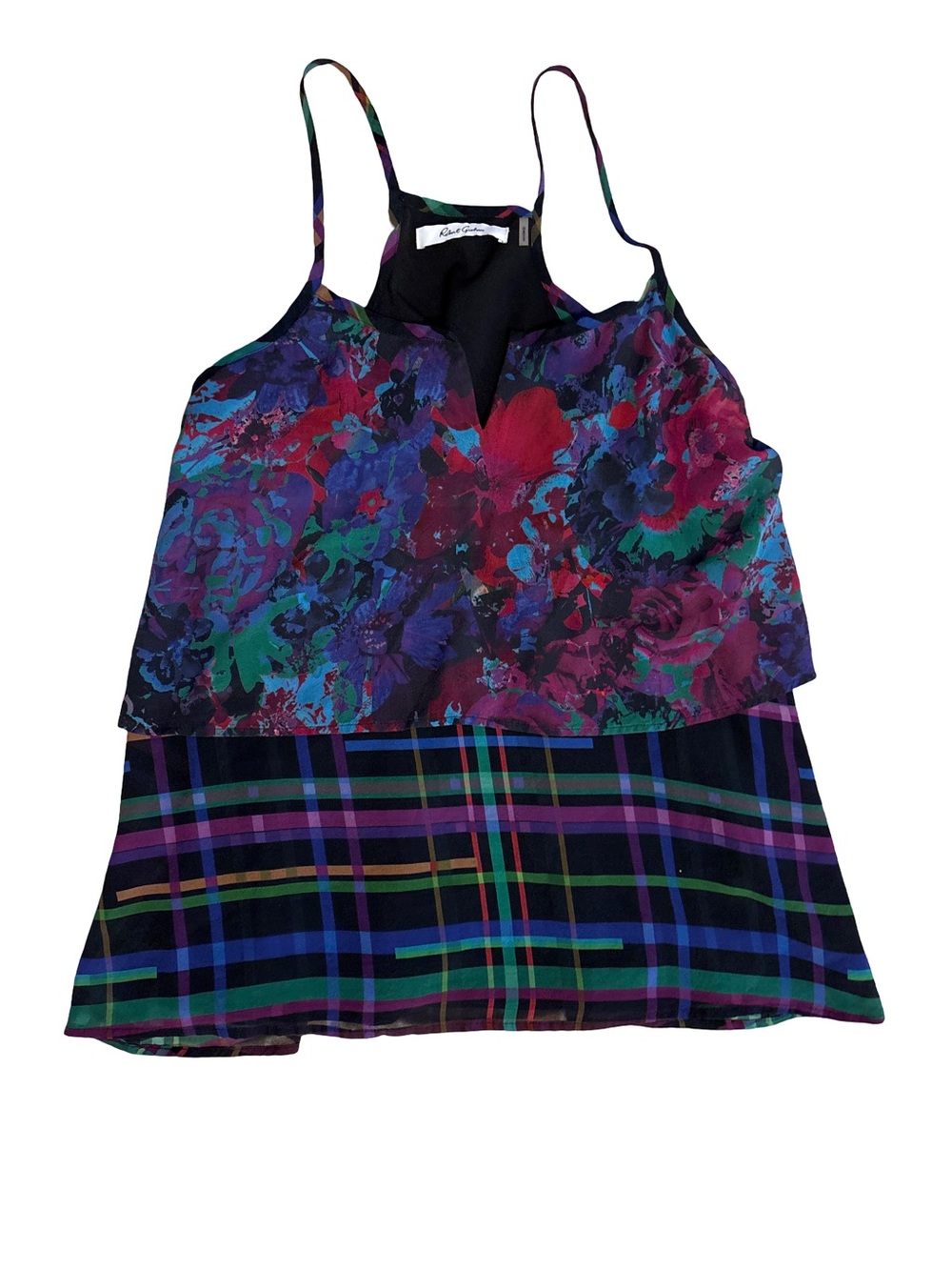 Robert Graham Black Floral & Plaid Trim Cami - Red, Purple, Green, Blue